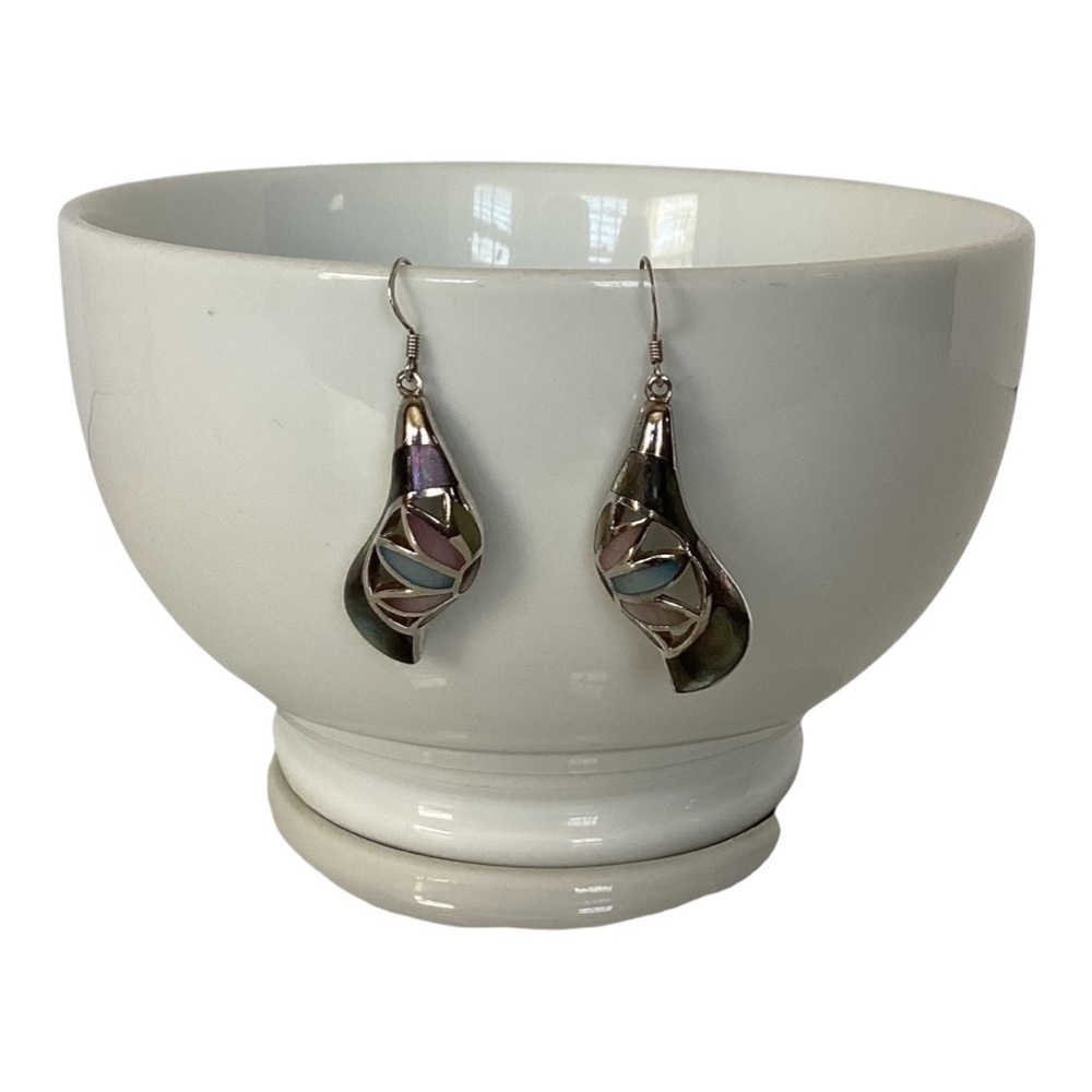 925 Sterling Silver Iridescent MOP Drop Hook Earrings Pink Blue Purple Green EUC - Picture 2 of 14